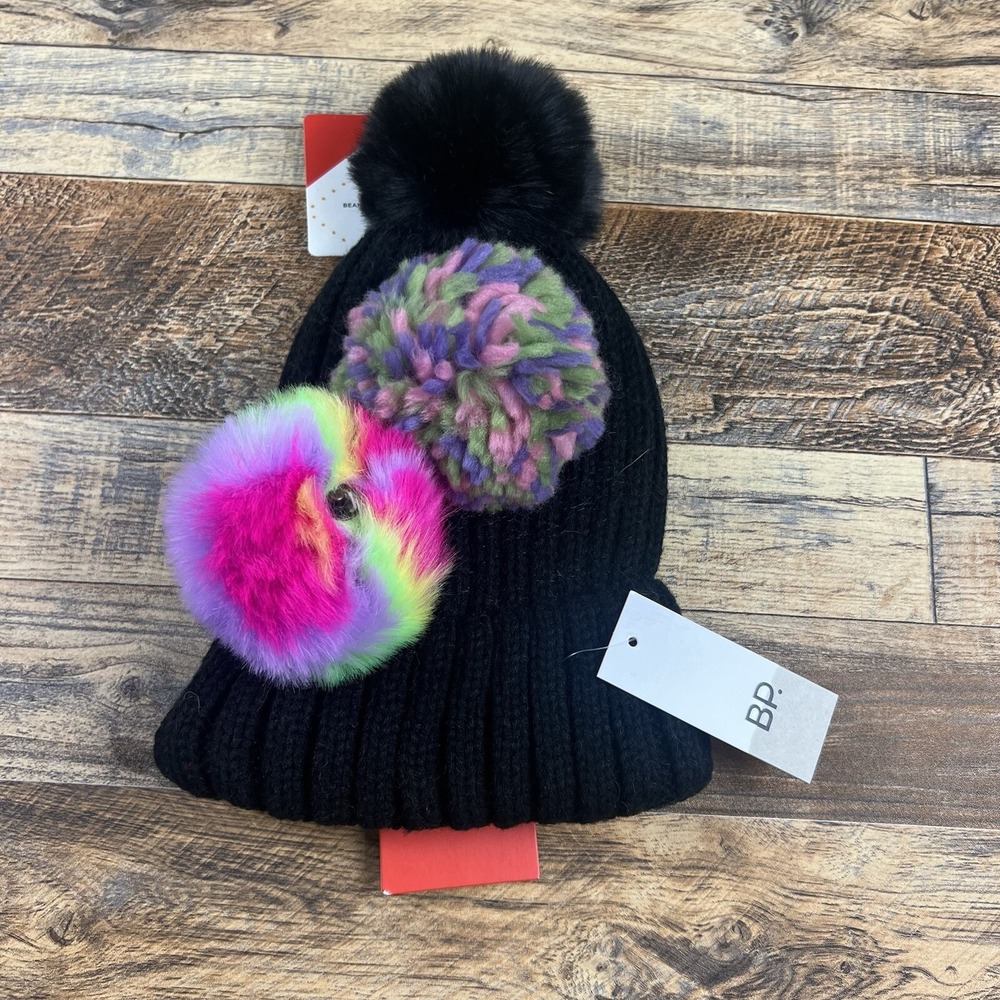 BP  Nordstrom Beanie Interchangable Pom Poms Fold Front Faux Fur Knit Black‎